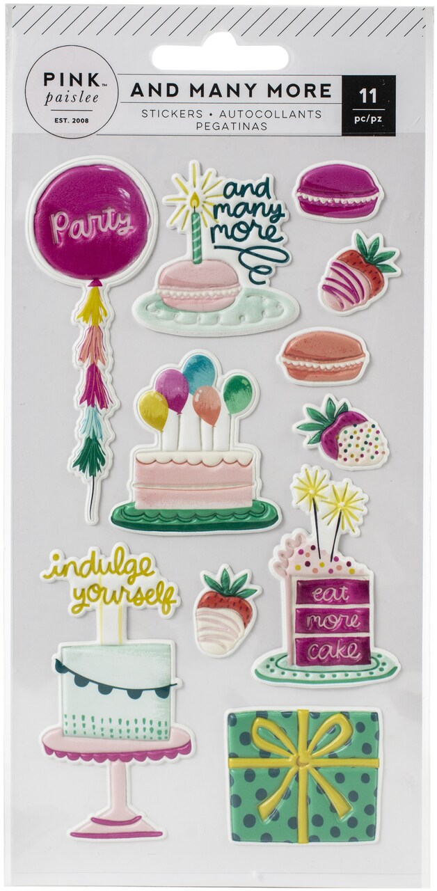 Pink Paislee And Many More Embossed Puffy Birthday Stickers - 11pcs